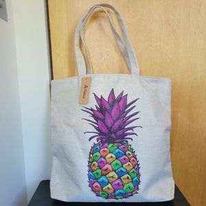 NEW Large Zipper Top Canvas Style Shopper Tote Bag - Rainbow Colorful Pineapple
